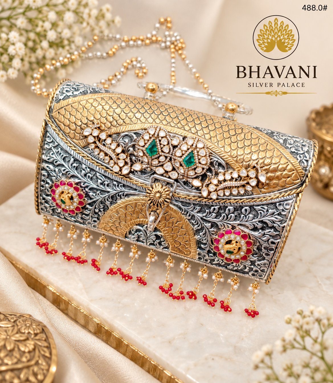 Mrinal Emerald Peacock Silver Clutch