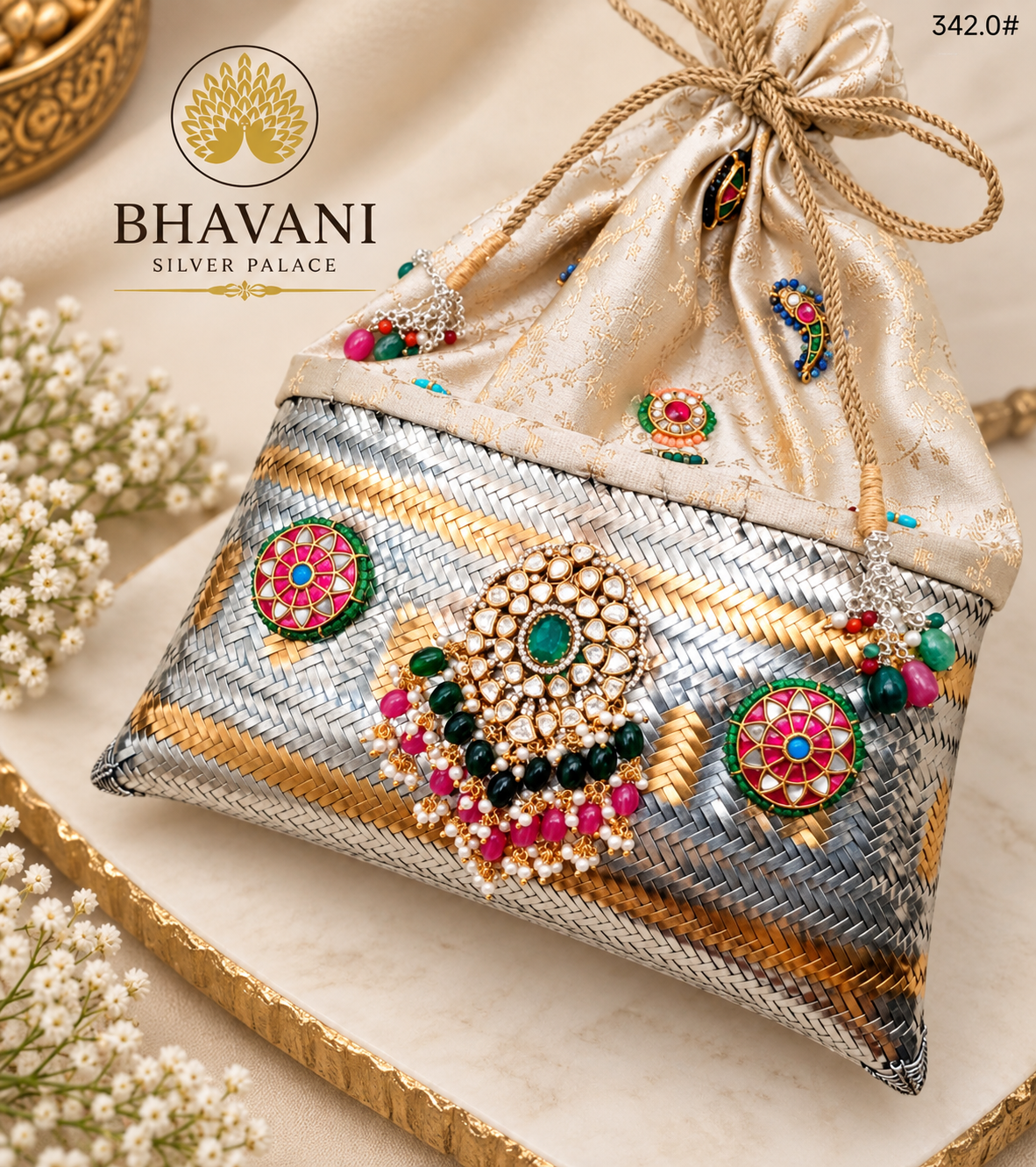 Nivara Kundan Woven Silver Potli Bag