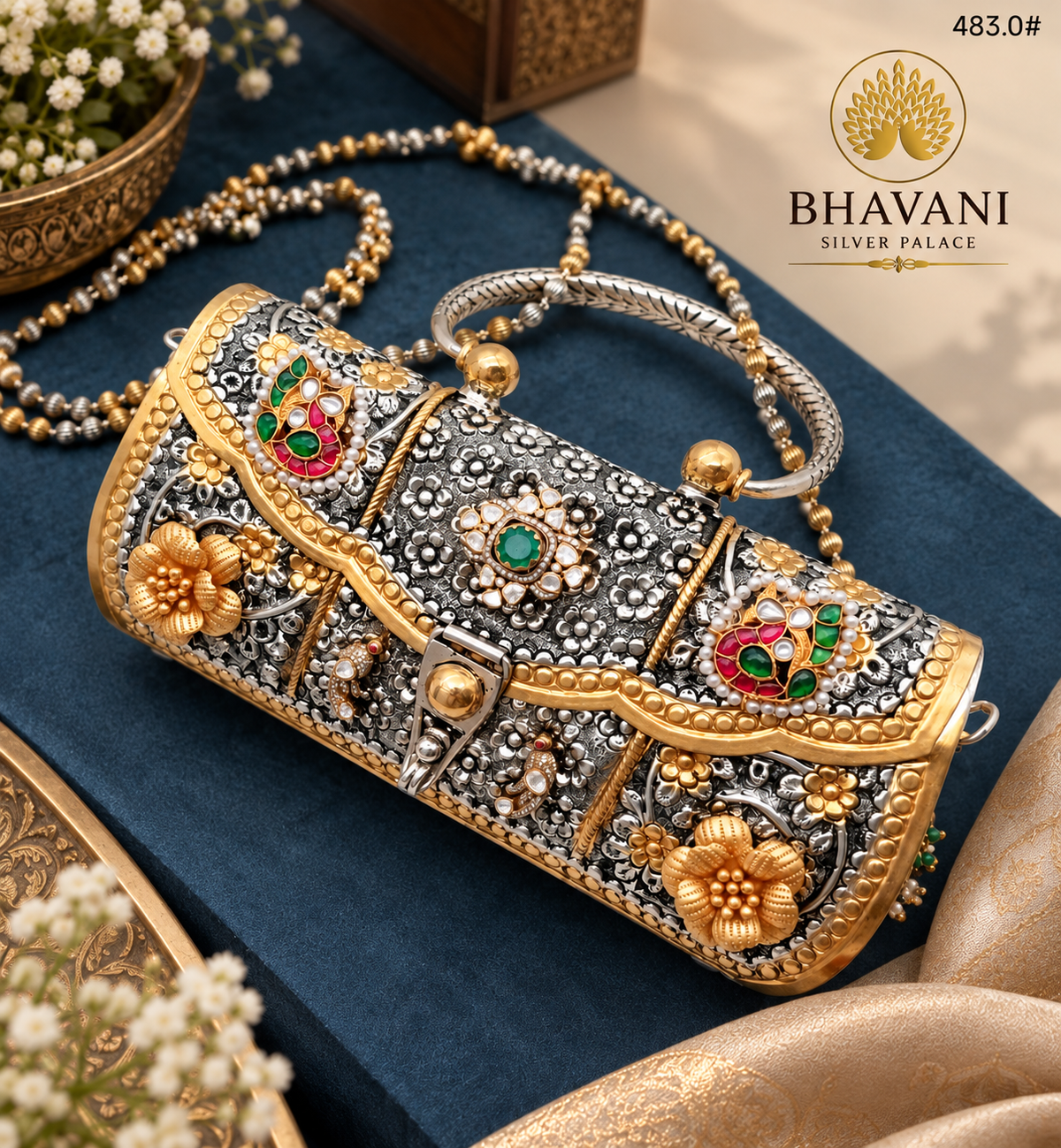 Roshika Navratna Floral Silver Clutch